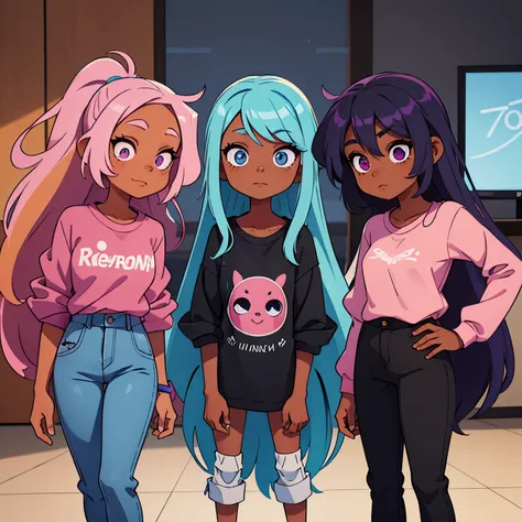 3 black skinned girls with, long light blue hair and eyes, and long bright purple hair and eyes, and long light pink hair, casual clothes,all black skinned, black skinned girls