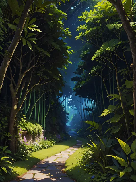 a view of a pathway through a lush green forest with lots of plants, lush garden surroundings, lush and green, lush greenery, lush foliage, lush vegetation and ferns, lush landscape, verdant and lush and overgrown, lush surroundings, lush verdant plants, d...