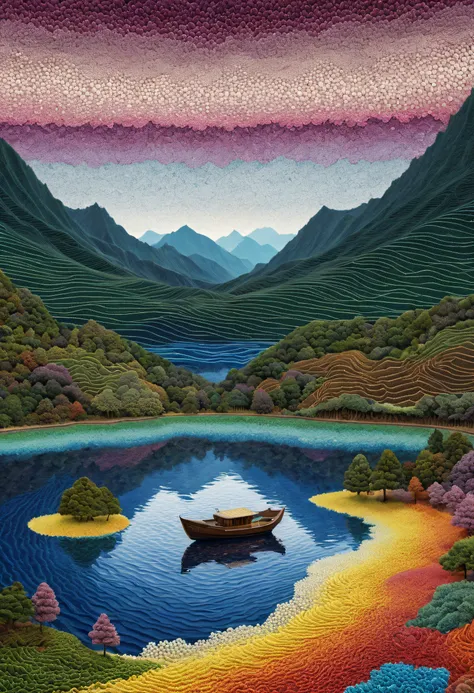 （terragen kaleidoscope of mandelbrot&#39;s utopian world）Landscape shows a boat on the lake, Perforated nipples, flashing pointillism, vibrant with colors, Digital paper quilling, Hitch, Cellular automata, isomorphic texture, self-referential, Jacob Hashim...