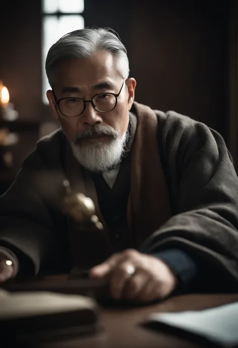 a gray-haired、Bearded middle-aged scholar，Asian，with a watch，Professor giving lectures