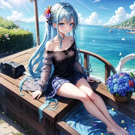 Blue-haired、blue eyess、one good looking girl、animesque、lightly dressed、Plaid miniskirt、flower petals、bare-legged、optic、wetting hair、Black T-shirt、sitting on、sea of clouds