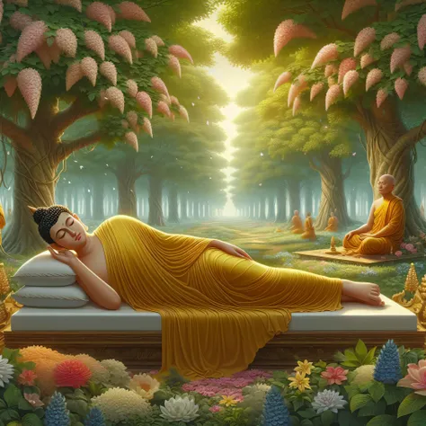 buddha laying on a bench in a forest with other buddhas, buddhism, relaxing concept art, by alexander kucharsky, serene illustra...