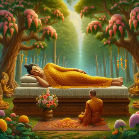 buddha laying on a bed in a forest with a monk nearby, buddhism, the buddha, buddhist, monk meditate, by john la gatta, buddhist...