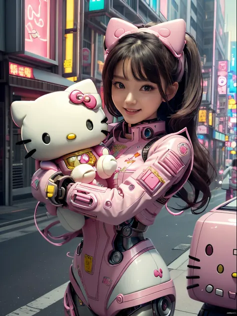 best quality, 4K wallpaper, masterpiece, extremely detailed CG unity 8k wallpaper, extremely detailed eyes, ultra-detailed, intricate details,
1girl, scifi, (h1c4tt3ch mecha, hugging hello kitty doll, cyberpunk, neon city happy, smile, hello kitty, adorab...