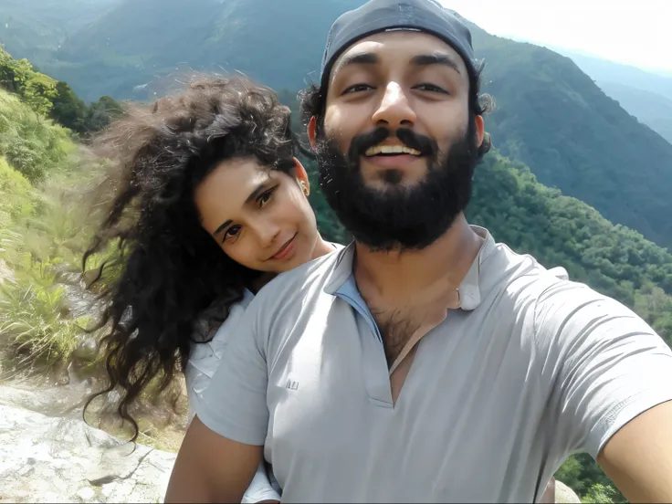 there is a man and a woman taking a selfie on a mountain, with mountains in the background, in mountains, with mountains in background, with mountains as background, in jungle forest peak, facebook post, jungles in the background, on a mountain, in the mou...