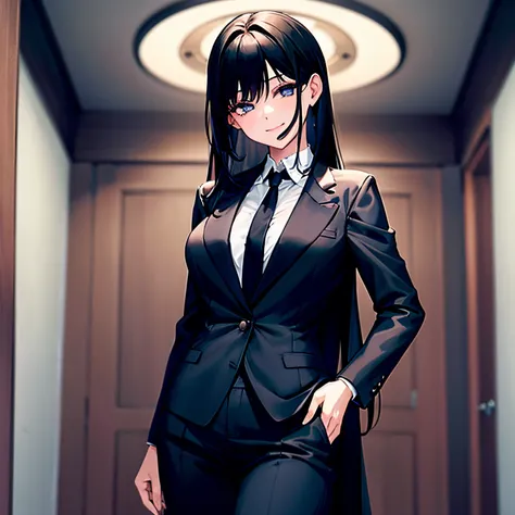 1girl , yukinoshita yukino ,woman in formal suit tuxedo tailcoat standing in a large alcove in the room, 1girl, solo, necktie, b...