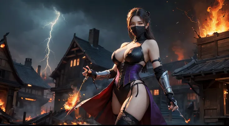 ((best quality)), ((masterpiece)), (detailed), perfect face, ((best quality)), ((masterpiece)), (detailed),((Big tits)),asian girl, mortal kombat, milena style, stockings, high heels, perfect leg, ((puple mask)), mortal kombat backgroung, smoke, purple fir...