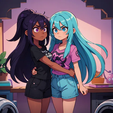 2 black skinned girls with, long light blue hair and eyes, and long bright purple hair and eyes, angry at each other, kawaii casual clothes, all black skinned, black skinned girls