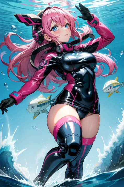 Girl under the sea, pink hair tied, blue eyes, sink, Diver clothing, Big breasts, Wearing a divers helmet