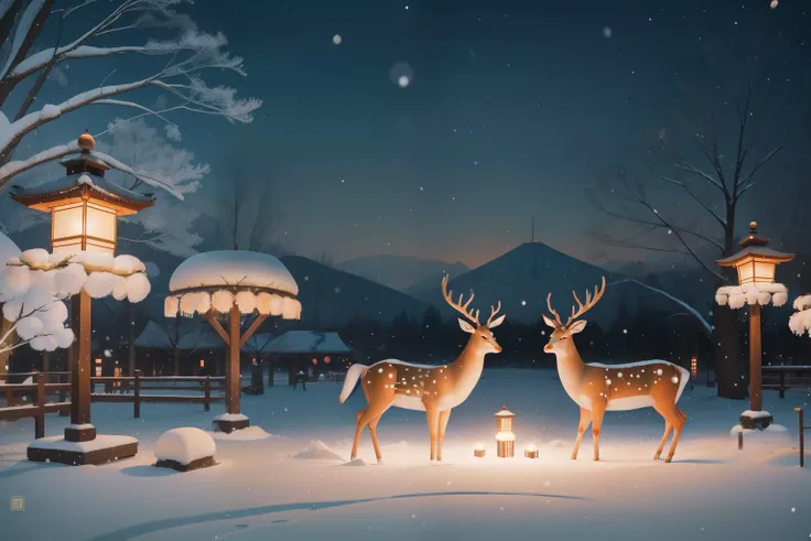 Year: 2022. Setting: Enchanting Lantern Festival in Nara Park, Japan.
*Description: Under the soft glow of lanterns, people dressed in winter layers wander through Nara Parks snowy landscape. Adorned deer with tiny lights add a whimsical touch, reflecting ...