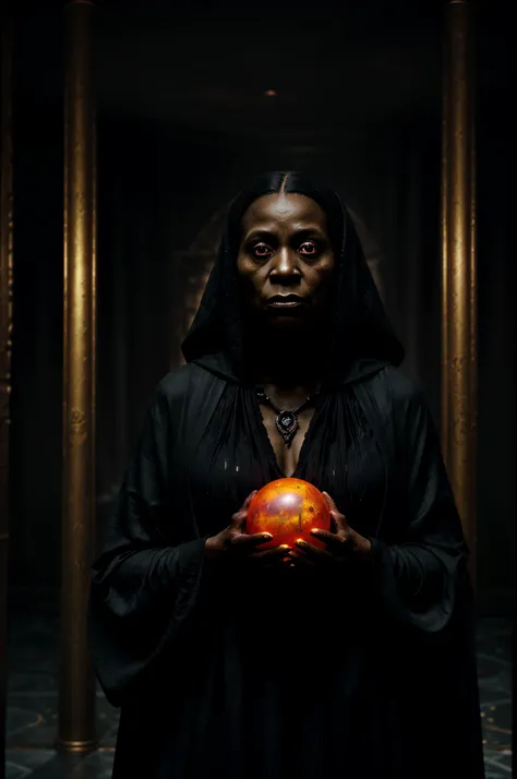 Portrait of a terrifying elderly black lady, draped in ominous black attire, standing within a mediums or sorceresss chamber. She holds a fiery red sphere between her hands, exuding an aura of dread and mystery. The room itself is filled with an eerie ambi...