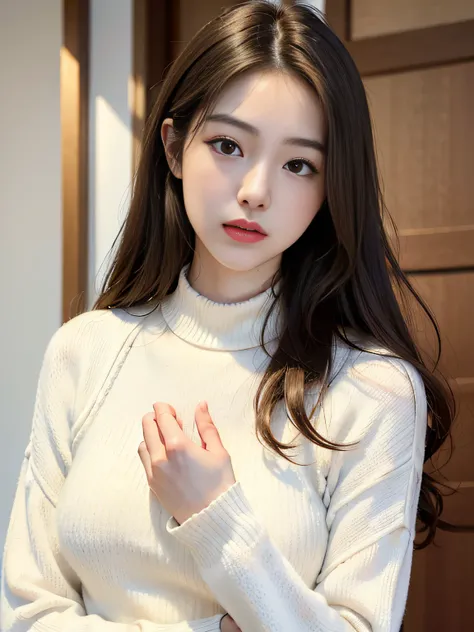 japanes、top-quality、​masterpiece、超A high resolution、(Photorealsitic:1.5)、Raw foto、1girl in、Tight white knit high neck sweater、demure、cold light、Sexy appearance、Bewitching、18year old、midium breasts、Gestures that emphasize the chest