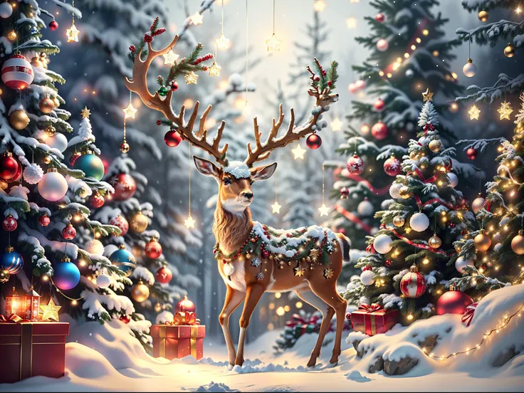 A cute Christmas deer in the forest。Christmas atmosphere，Christmas tree，starlights。detailed ornaments, Intricate ornaments, decorative, Super detailed decoration, 8K details, 8K details, Sparkling multi-dimensional decoration, 8K detail post-processing