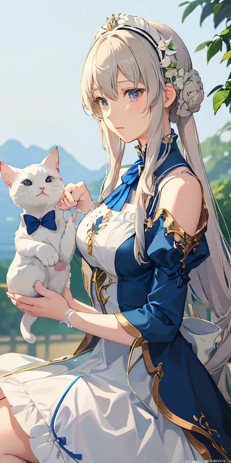 wears a white dress、Anime girl in a blue dress and a cat, Detailed key animation art, detailed digital anime art, detailed anime art, Violet Evergarden, inspired by Krenz Cushart, Zero art, Detailed anime artwork, clean and meticulous anime art, Digital ar...