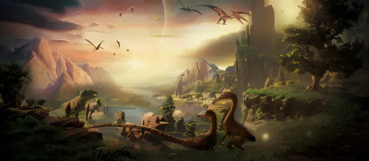 Dinosaurs in a fantasy environment with rivers and mountains in the background, ancient art, The background is a sunrise from a high place，Pterodactyls fly in the sky，realistic ancient art, at the time of dinosaurs, realistic photography paleoart, prehisto...