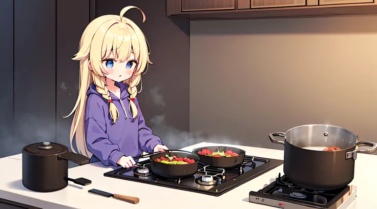 1girl, long hair, blue eyes, ahoge, purple hoodie sweatshirt, white pants, white sneakers, flat chest, cute, cherry blonde hair, front braids, sfw, messy hair, cooking with a frying pan, stove top, blank background, simple colors