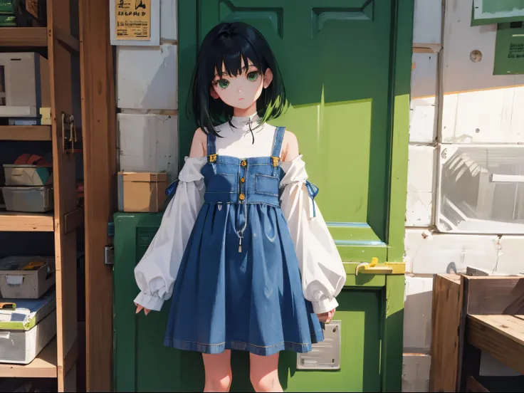 (child)，（​masterpiece，Highest Quality），（denim zip up dress:1.4），green a-line dress，shortsleeves，A dark-haired，outside of house