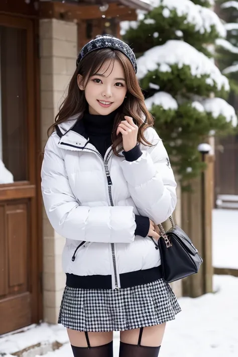 the cutest girl who works as a gravure idol is in the snow、with shiny brown hair、she is captivating with her down jacket, cute h...