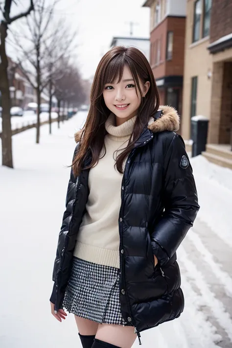 the cutest girl who works as a gravure idol is in the snow、with shiny brown hair、she is captivating with her down jacket, cute h...