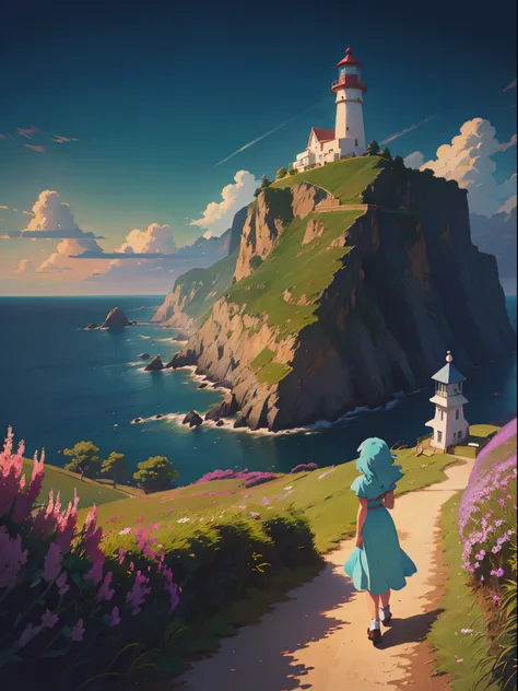 there is a painting of a lighthouse on a hill, sea cliff, ross transcenic background, studio ghibli sunlight, beautiful anime scenery, anime background art, official anime artwork, scenery artwork, rhads and lois van baarle, anime countryside landscape, rh...