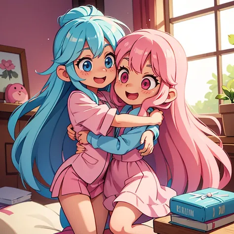 Very happy light pink long haired girl hugging a light blue long haired girl,kawaii clothes