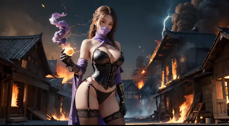 ((best quality)), ((masterpiece)), (detailed), perfect face, ((best quality)), ((masterpiece)), (detailed),((Big tits)),asian girl, mortal kombat, milena style, stockings, high heels, perfect leg, ((puple mask)), mortal kombat backgroung, smoke, purple fir...