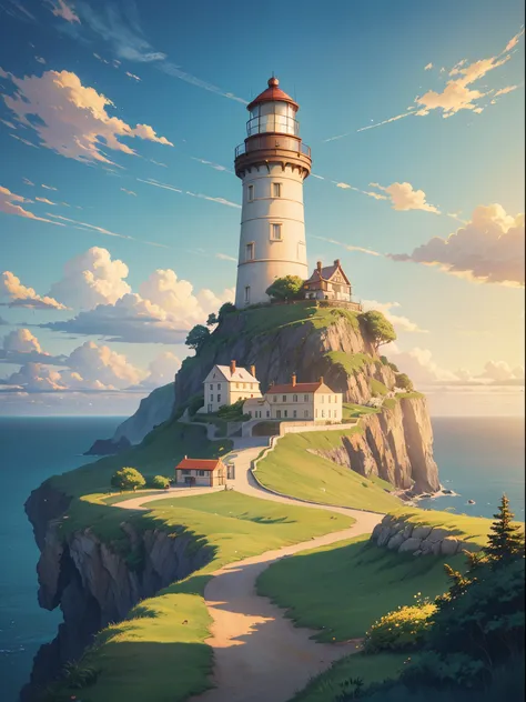 there is a painting of a lighthouse on a hill, sea cliff, ross transcenic background, studio ghibli sunlight, beautiful anime sc...