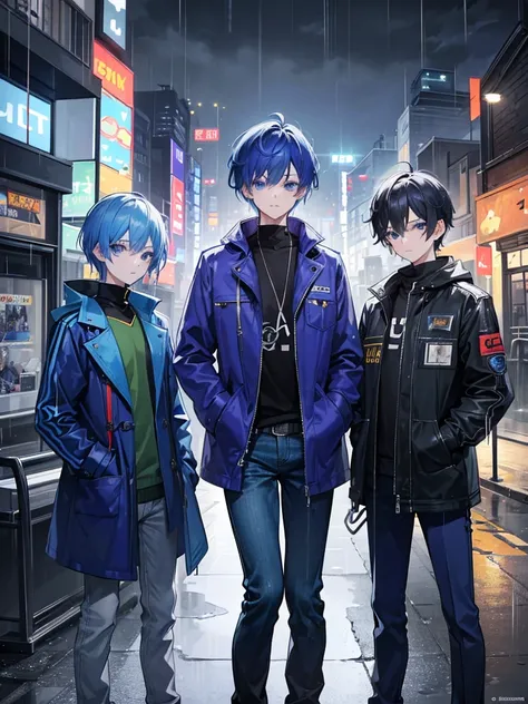 3boys first boy-short spiky yellow purple hair,blue eyes,wearing brown black jacket coat,denim pants,raining city night,absurdres,high res,ultrasharp,8k,masterpiece,looking at viewer.second boy- blue black messy short hair,blue eyes,wearingblue red jacket ...