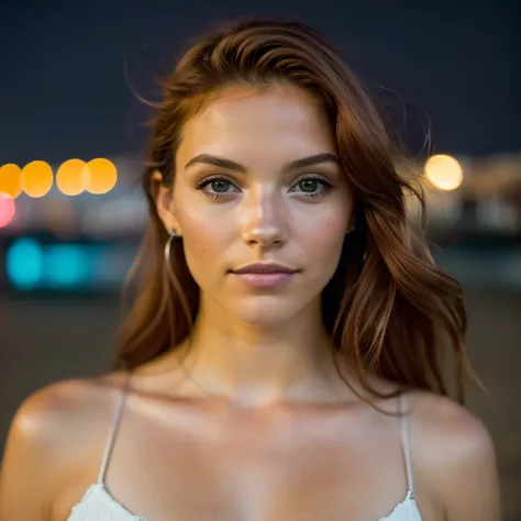 Tomar selfies, Vista descendente: 1.4), (torso medio recto: 1.4), Portrait photo of a 24-year-old redhead girl in RAW UHD format (Mujer de ojos grises) Caminando por la playa, pechos grandes, con Paris en el fondo, (Falda superior), (Cultivo), Detalles (¡T...