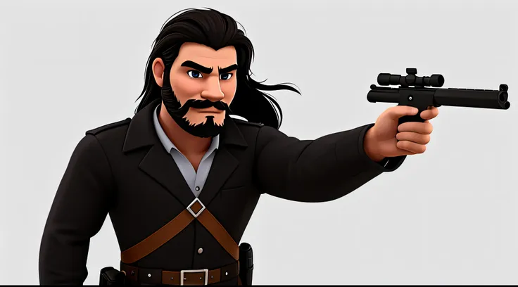 1 Man solo, solo.he has a short black beard and he has black flowing hair. holding gun at camera. white background