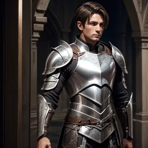 A man wearing silver armour, brown hair, short hair.