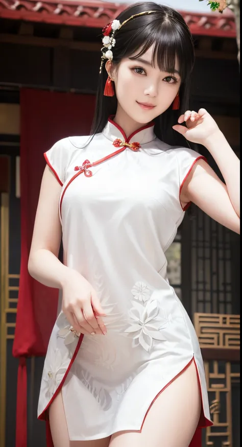 araffe asian woman in a short dress posing for a picture, gorgeous chinese model, with acient chinese clothes, light milky white porcelain skin, Smooth white tight clothes suit, captivating and enticing, wearing red cheongsam, elegant smiling pose, Cheongs...