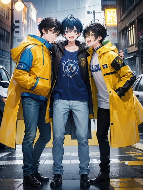 3boys friends laughing playing  wearing blue,bkack,brown,yellow jacket coats with yellow,green,blue,black hair.wearing denim pants for all,raining city night,absurdres,high res,8k,ultrasharp,masterpiece,all looking at viewer