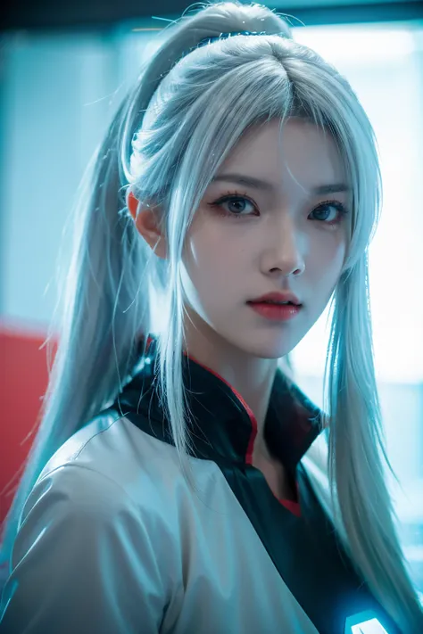 tmasterpiece,Best quality at best,A high resolution,8K,(portrait),(Close up of avatar),(RAW photogr),digital photography,Cyberpunk style scholar,20岁女孩,Long ponytail hairstyle,with long bangs,(white color hair),Red eyes,graceful and dignified,Keep your mout...