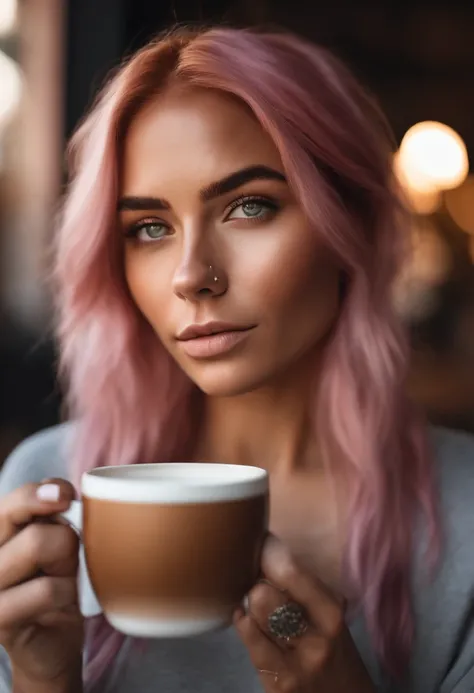 Realistic photo of beautiful woman with pink hair, hair roots slightly faded, short hair, spanish , influencer, light freckles, light green eyes, no makeup, instagram. 25 years old. caramel skin color. in yoga pants at a coffe shop.