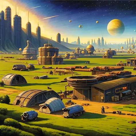 retro futuristic farm，Grow crops and buildings on distant planets，Retro-futuristic Peter Elson style