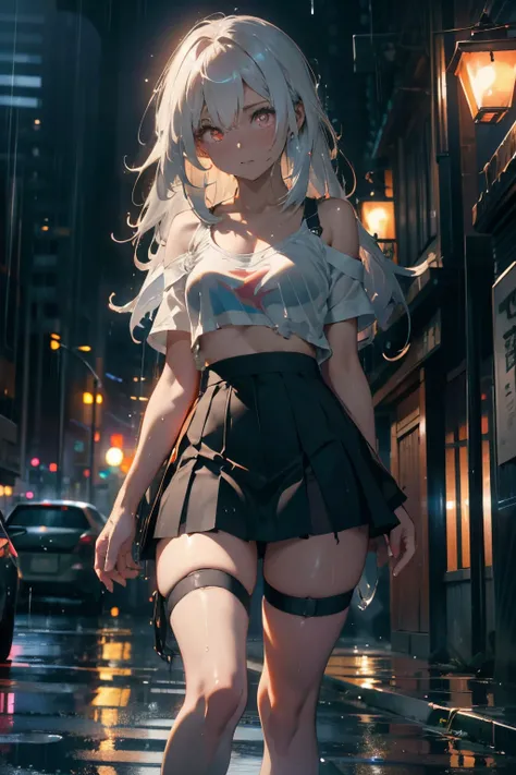 Realistic, Anime, 1girl in,Bangs, Twin-tailed, Long hair, Small breasts, off shoulders, White hair, rainbow hair, Oversized T-shirt, White T-shirt, Black bra, Bare legs, Thigh, cleavage, 鎖骨, (the Extremely Detailed CG Unity 8K Wallpapers, masutepiece, Best...