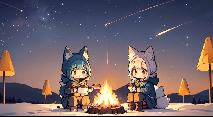 A wide range of illustrations with a simple and calm color palette, Faraway view、chibi fox girl, 『yuru camp』A work inspired by, She is sitting among a huge collection of camping equipment, From tents to advanced cooking equipment, Add a nostalgic atmospher...