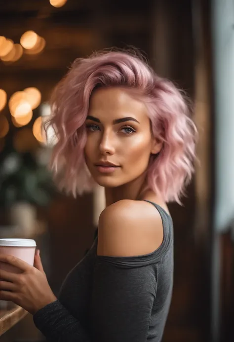 Realistic photo of beautiful woman with pink hair, hair roots slightly faded, short hair, spanish , influencer, light freckles, light hazel eyes, no makeup, instagram. 25 years old. caramel skin color. in yoga pants at a coffe shop.