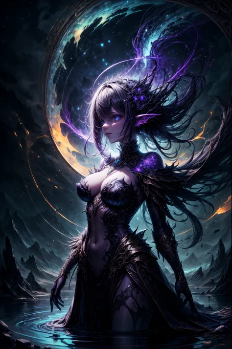 a closeup full body portrait of an intricate detailed highly detailed fractal aurora forming an ultra detailed ghostly apparition of a beautiful succubus in the sky, busty, reflecting in water, ripples in the water, dark mountains on horizon, backlight, st...