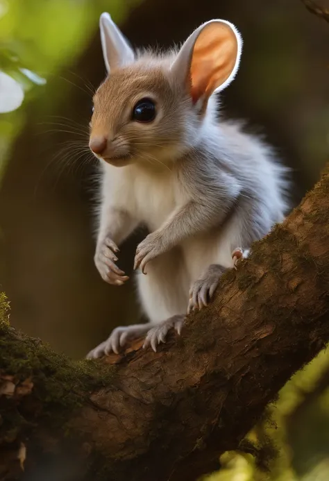 Cute alien creatures，Tiny creatures, similarity-proteins, silver fur, Big fluffy tail, tasseled ears, sitting on the root of a huge spreading oak tree, fighting look, there are nuts there,