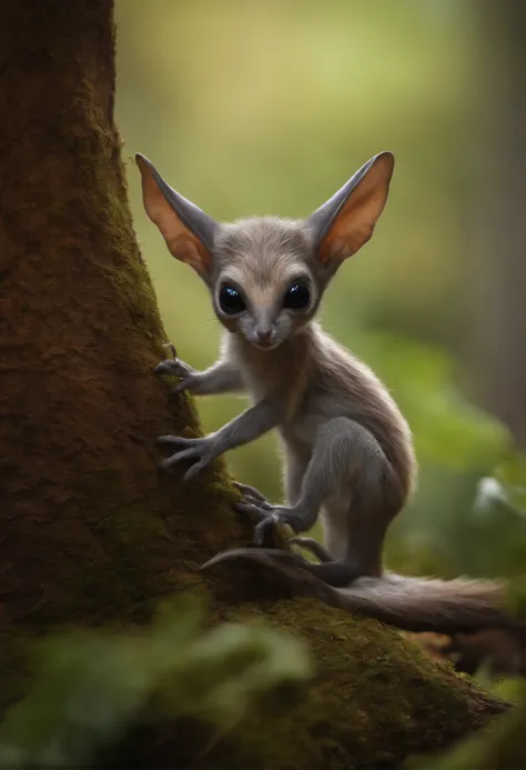 Cute alien creatures，Tiny creatures, similarity-proteins, silver fur, Big fluffy tail, tasseled ears, sitting on the root of a huge spreading oak tree, fighting look, there are nuts there,