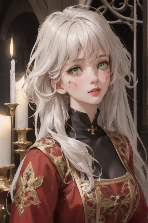 (((A deep reddish wound crosses her left cheek))) Fair complexion, Female about 19 years old, natural white hair, Distinctive green eyes, Wearing Kohl, slender and graceful, Beautiful, Candles in a medieval setting, ultra sharp focus, realistic shot, Medie...