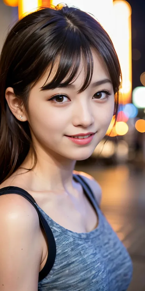 1girl, Tokyo street,night, cityscape,city lights,upper body,close-up,smile,, (8k, RAW photo, best quality, masterpiece:1.2),(realistic, photo-realistic:1.37),