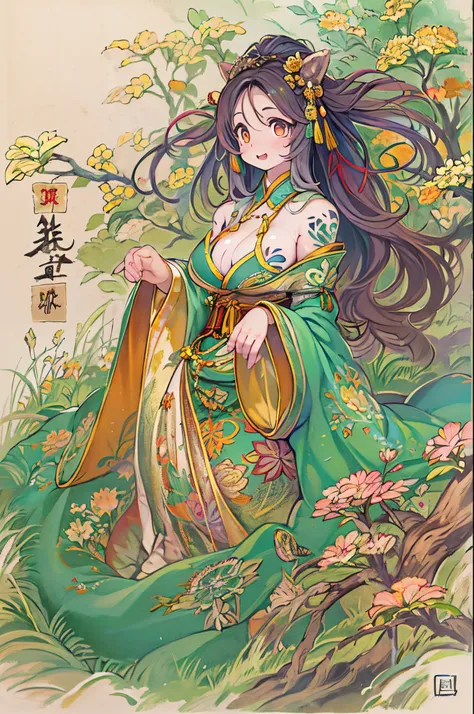 An ancient Chinese beauty, charming temperament, Flowing long skirt, Clear face, Beautiful eyes, Surrounding osmanthus, Perfect body structure proportional masterpiece, super detailed, epic composition, Color tattoo art, New Traditional Tattoo Art, SD Tatt...