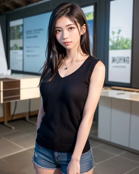 1人，(in 8K, top-quality, ​masterpiece:1.2), (realisitic, Photorealsitic:1.37), ultra-detailliert, Natural sunlight,, 1 persons, 25 year old woman, Dark hair, Pendants, Torn shorts, Light Knit V-Neck Shirt, At the time of performance, extremely detailed face...