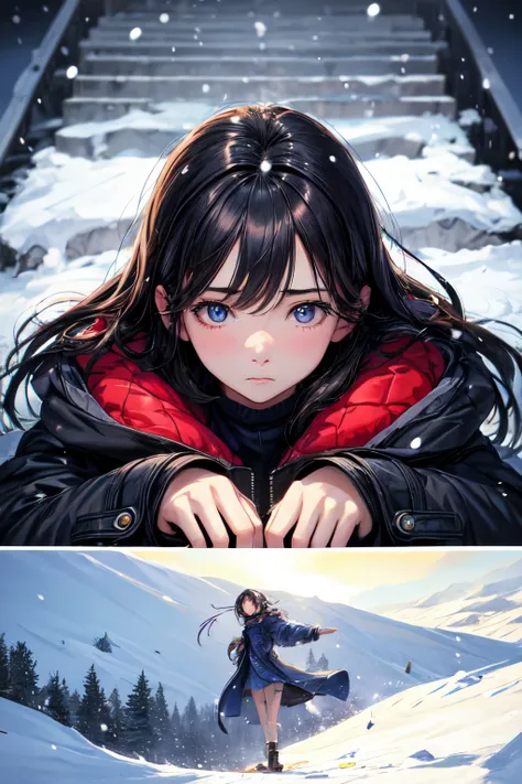 digital, masterpiece, best quality, extremely detailed, illustration,(19 year old girl), (sad), beautiful detailed eyes, looking at piano, falling snow, coat,