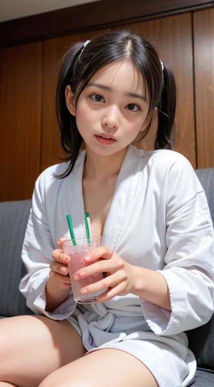 (masutepiece, Best Quality:1.4), Beautiful face, 8K, 85 mm, absurderes, ((Dark bedroom in the hotel))、(Wearing a thick white bathrobe:1.4), ((cowboy  shot:1.5))、((Shot from below:1.4))、((udder of medium size:1.4))、violaceaess, gardeniass, Delicate girl, So...