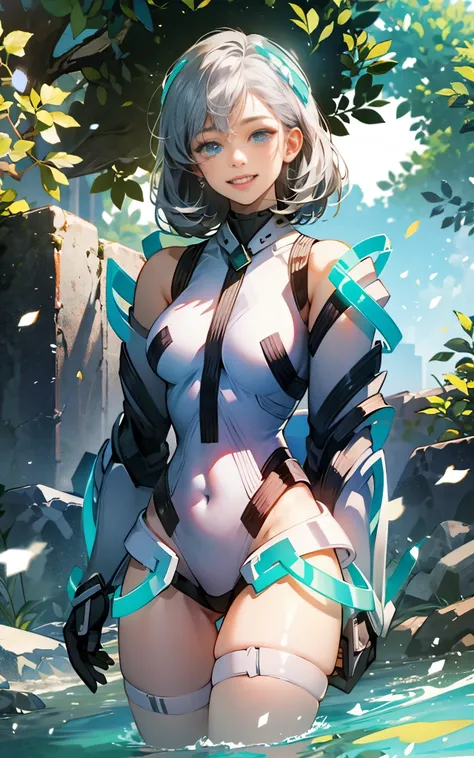 lightsmile, deva battle suit, Outdoors, Silver hair, bobhair, Blue eyes, waist shot