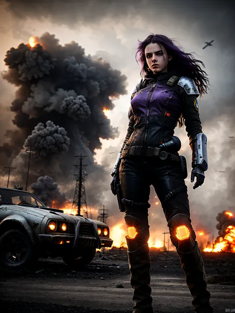 RAW photograph, portrait quality, Russian girl 18 years old , long dark purple hair, wind blown hair, dusty face, Clad in the shiny silver cyberpunk armor, Against the backdrop of a desolate post-apocalypse, action pose, futuristic laser rifle in hand taki...